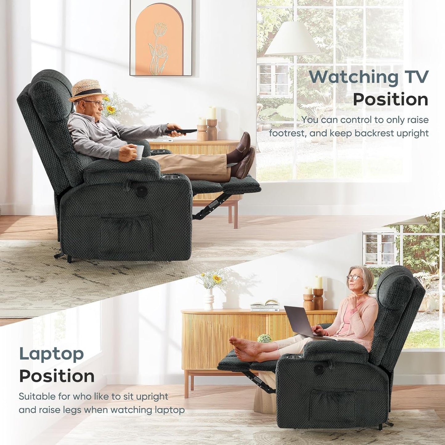 Large Dual Motor Lay Flat Power Lift Recliner Chair Set of 2 for