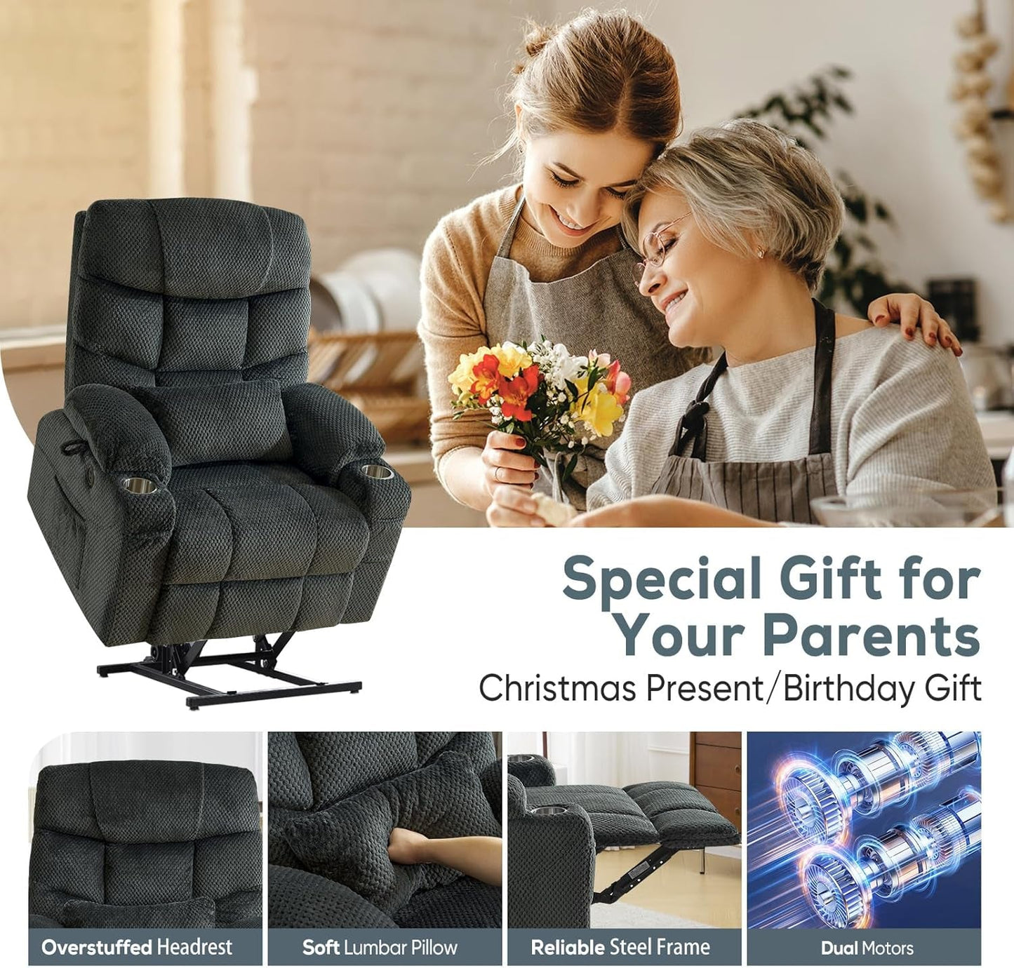 Large Dual Motor Lay Flat Power Lift Recliner Chair Set of 2 for