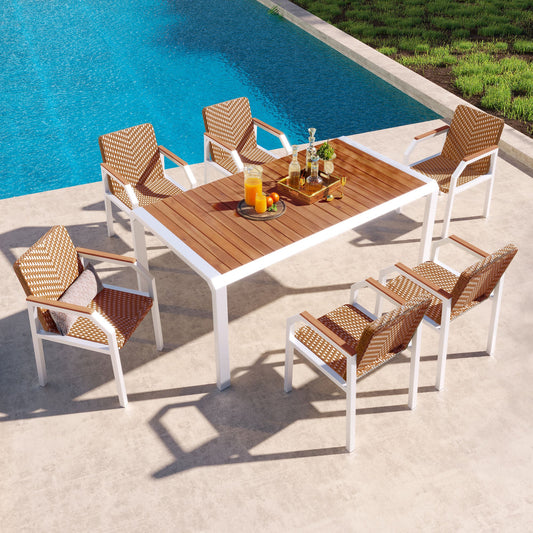 7 Piece Patio Dining Table Set, Outdoor Wicker Furniture Set of 6